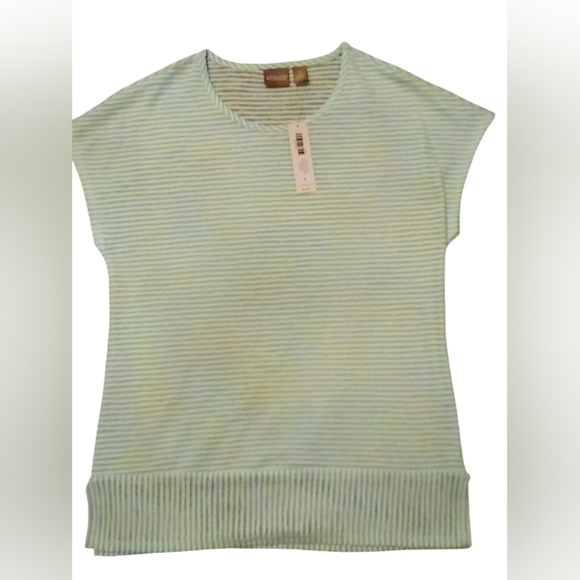 Chico's -NWT Shadow Striped Sleeveless Tunic Top, Lined Inside Front, White/Aqua - Picture 14 of 14